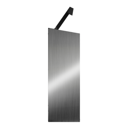 Bulk Dispenser, Tall Double, Stainless Steel, wall mount. 2 compartments, top loading, top or bottom front dispensing. Empty, right side with lid open