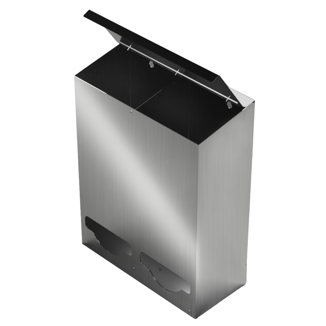Bulk Dispenser, Tall Double, Stainless Steel, wall mount. 2 compartments, top loading, top or bottom front dispensing. Empty and front facing angled slightly left with lid open to view divider inside