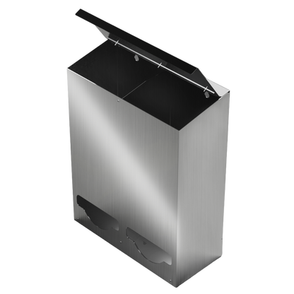 Bulk Dispenser, Tall Double, Stainless Steel, wall mount. 2 compartments, top loading, top or bottom front dispensing. Empty and front facing angled slightly left with lid open to view divider inside