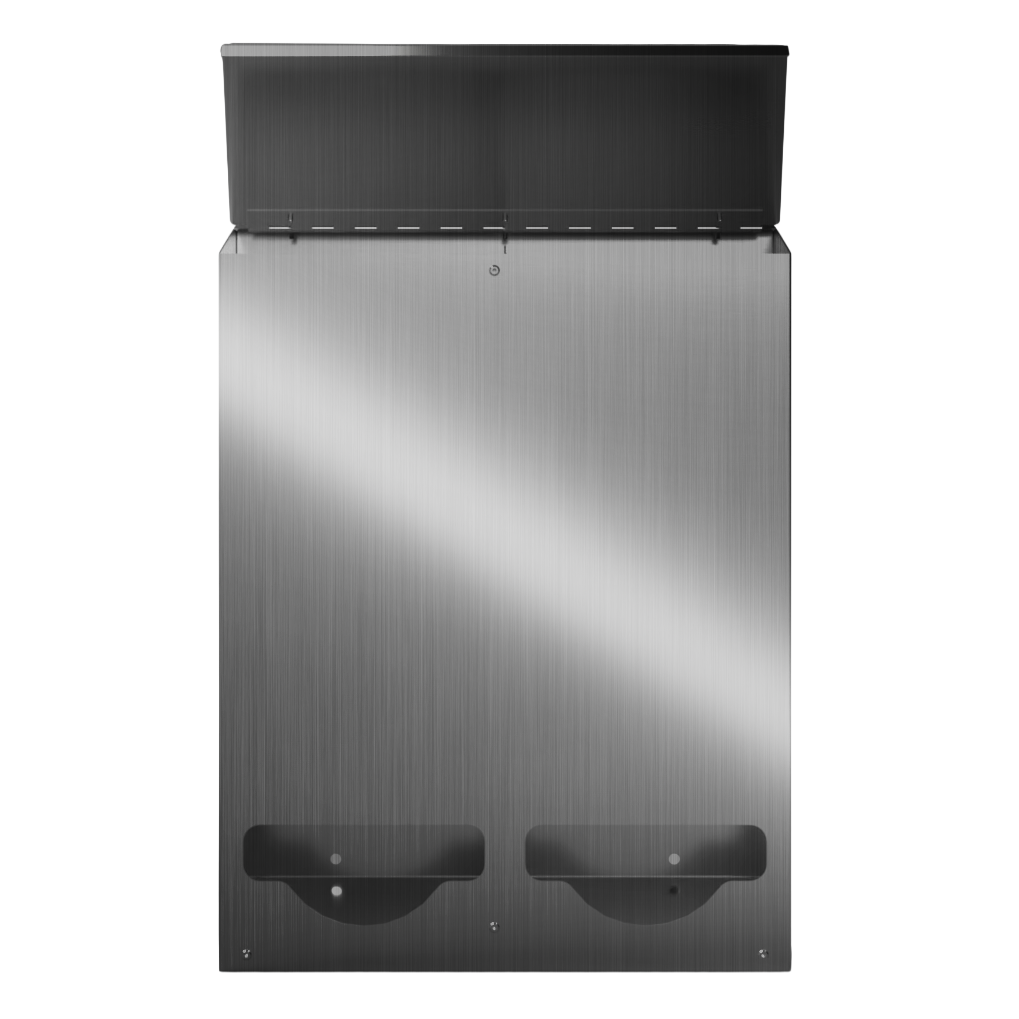 Bulk Dispenser, Tall Double, Stainless Steel, wall mount. 2 compartments, top loading, top or bottom front dispensing. Empty and front facing with lid open