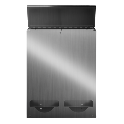 Bulk Dispenser, Tall Double, Stainless Steel, wall mount. 2 compartments, top loading, top or bottom front dispensing. Empty and front facing with lid open