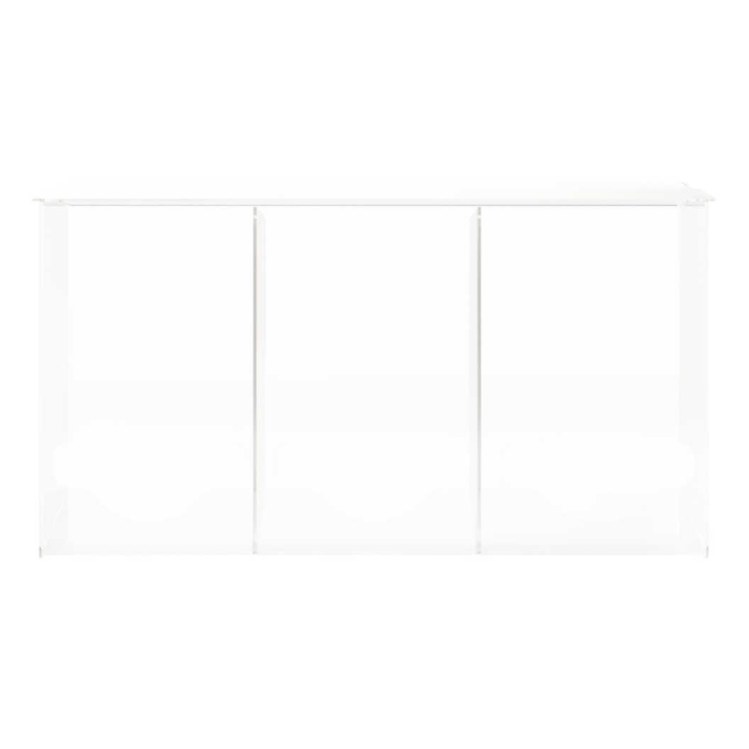 Clear, plastic, triple compartment bulk empty. Lidded for top loading and bottom front hole for dispensing