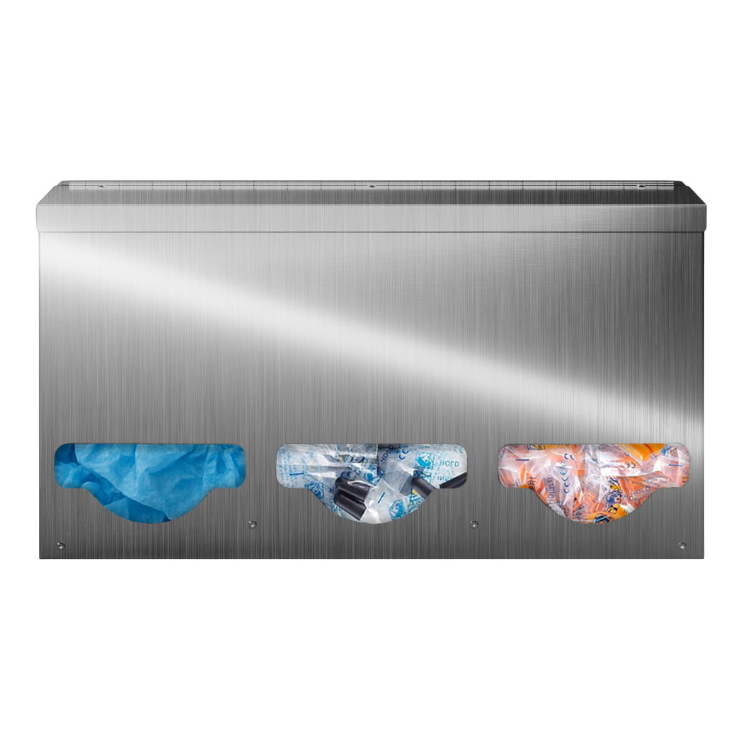 Bulk Dispenser, Triple, Stainless Steel, wall mount. Divided, 3 compartments. Filled left to right with bouffants, black earplug packets, and orange earplug packets. Facing front