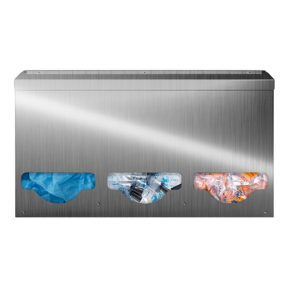 Bulk Dispenser, Triple, Stainless Steel, wall mount. Divided, 3 compartments. Filled left to right with bouffants, black earplug packets, and orange earplug packets. Facing front