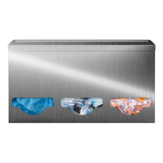 Bulk Dispenser, Triple, Stainless Steel, wall mount. Divided, 3 compartments. Filled left to right with bouffants, black earplug packets, and orange earplug packets. Facing front