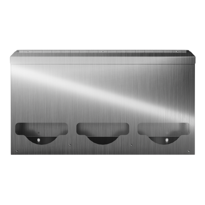 Bulk Dispenser, Triple, Stainless Steel, wall mount. Divided, 3 compartments. Empty, facing front