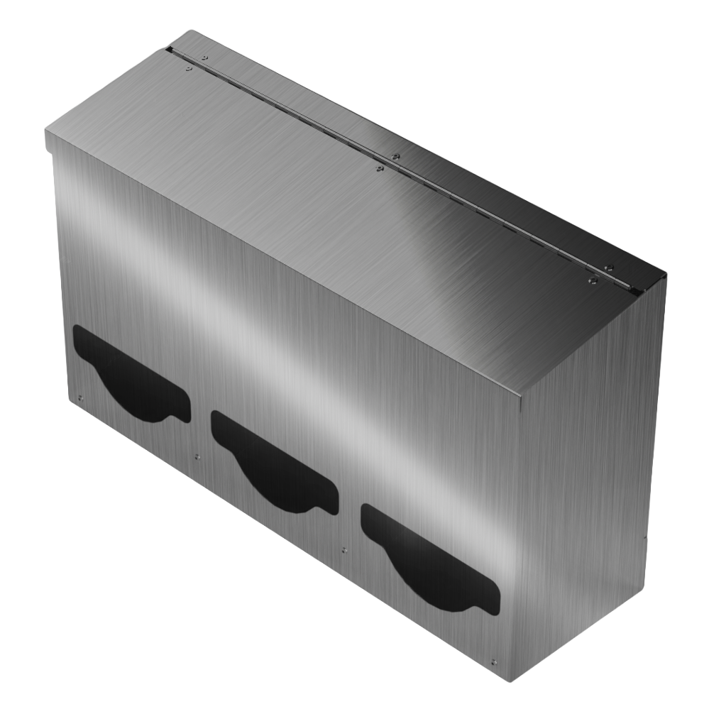 Bulk Dispenser, Triple, Stainless Steel, wall mount. Divided, 3 compartments. Empty, facing front slightly angled left