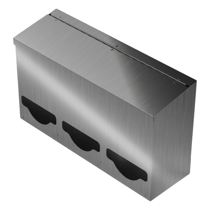 Bulk Dispenser, Triple, Stainless Steel, wall mount. Divided, 3 compartments. Empty, facing front slightly angled left