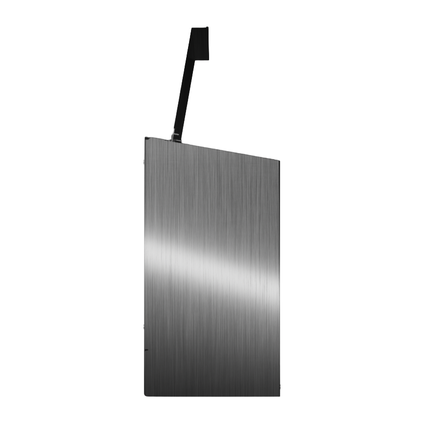 Bulk Dispenser, Triple, Stainless Steel, wall mount. Divided, 3 compartments. Empty, left side with lid open