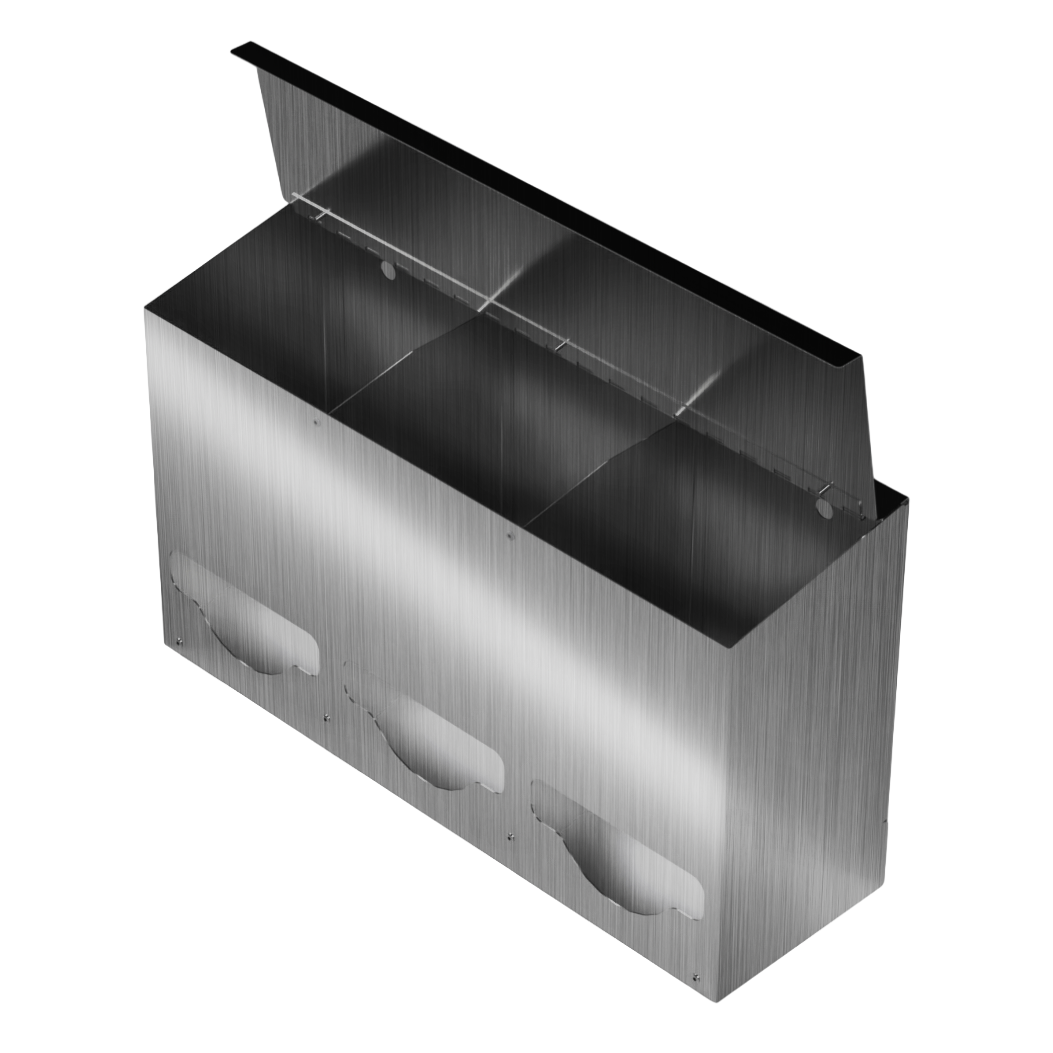 Bulk Dispenser, Triple, Stainless Steel, wall mount. Divided, 3 compartments. Empty, facing front slightly angled left with lid open to view dividers