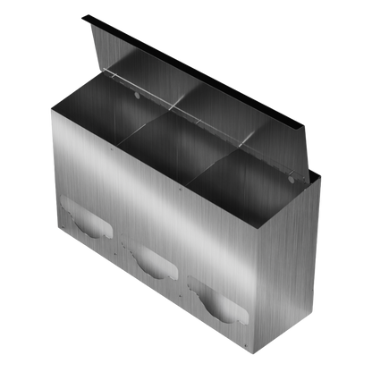 Bulk Dispenser, Triple, Stainless Steel, wall mount. Divided, 3 compartments. Empty, facing front slightly angled left with lid open to view dividers
