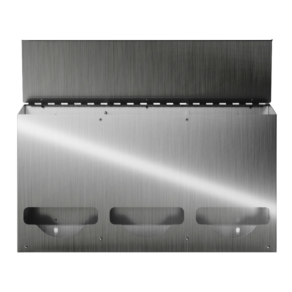 Bulk Dispenser, Triple, Stainless Steel, wall mount. Divided, 3 compartments. Empty, facing front with lid open