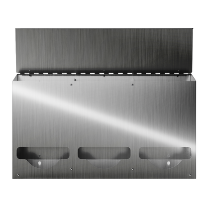 Bulk Dispenser, Triple, Stainless Steel, wall mount. Divided, 3 compartments. Empty, facing front with lid open