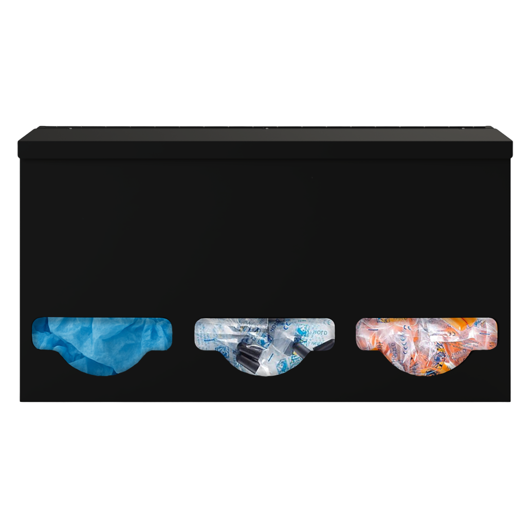 Triple, Lidded, Bulk PPE dispenser-Black- filled with various consumable products inside 