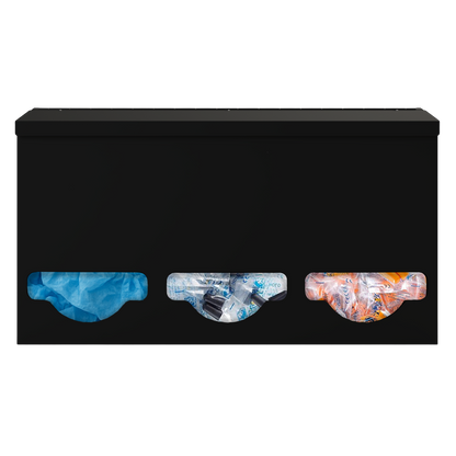 Triple, Lidded, Bulk PPE dispenser-Black- filled with various consumable products inside 