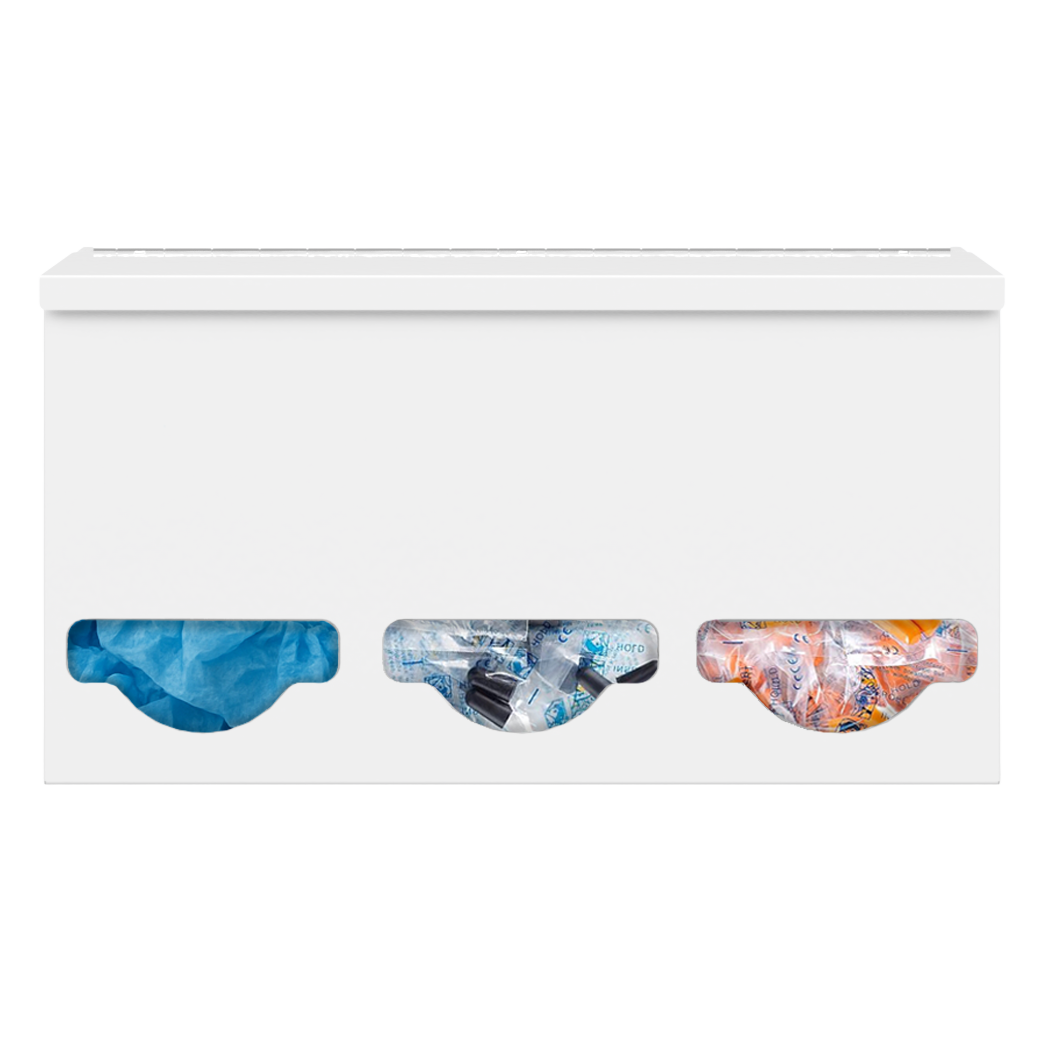 Triple, Lidded, Bulk PPE dispenser-White filled with various consumable products inside 