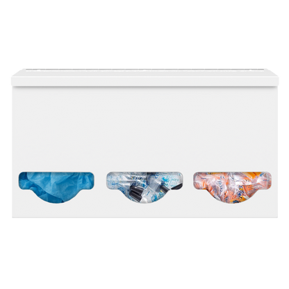 Triple, Lidded, Bulk PPE dispenser-White filled with various consumable products inside 