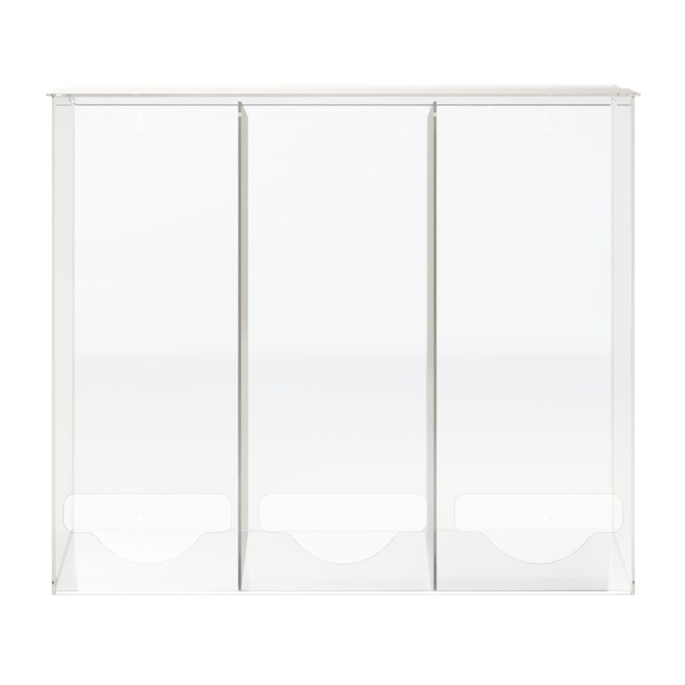 clear, PETG plastic triple compartment, bulk dispenser. top lid for loading, front bottom hole for dispensing. empty compartments.