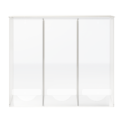 clear, PETG plastic triple compartment, bulk dispenser. top lid for loading, front bottom hole for dispensing. empty compartments.