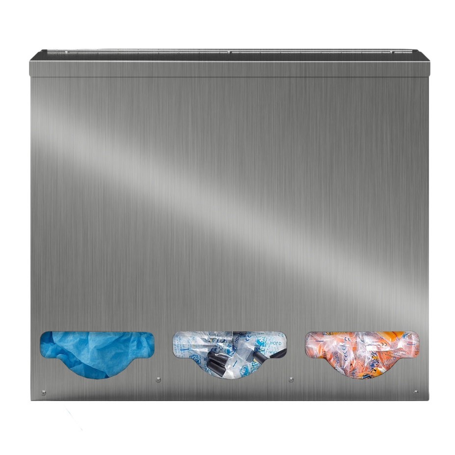 Bulk Dispenser, Tall Triple, Stainless Steel, wall mount. 3 compartments, top loading, top or bottom front dispensing. Filled left to right with bouffant surgical caps, black earplug packets, and orange earplug packets. front facing