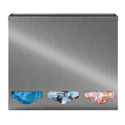 Bulk Dispenser, Tall Triple, Stainless Steel, wall mount. 3 compartments, top loading, top or bottom front dispensing. Filled left to right with bouffant surgical caps, black earplug packets, and orange earplug packets. front facing