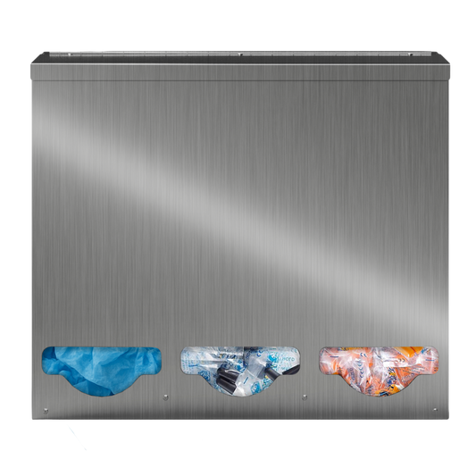 Bulk Dispenser, Tall Triple, Stainless Steel, wall mount. 3 compartments, top loading, top or bottom front dispensing. Filled left to right with bouffant surgical caps, black earplug packets, and orange earplug packets. front facing