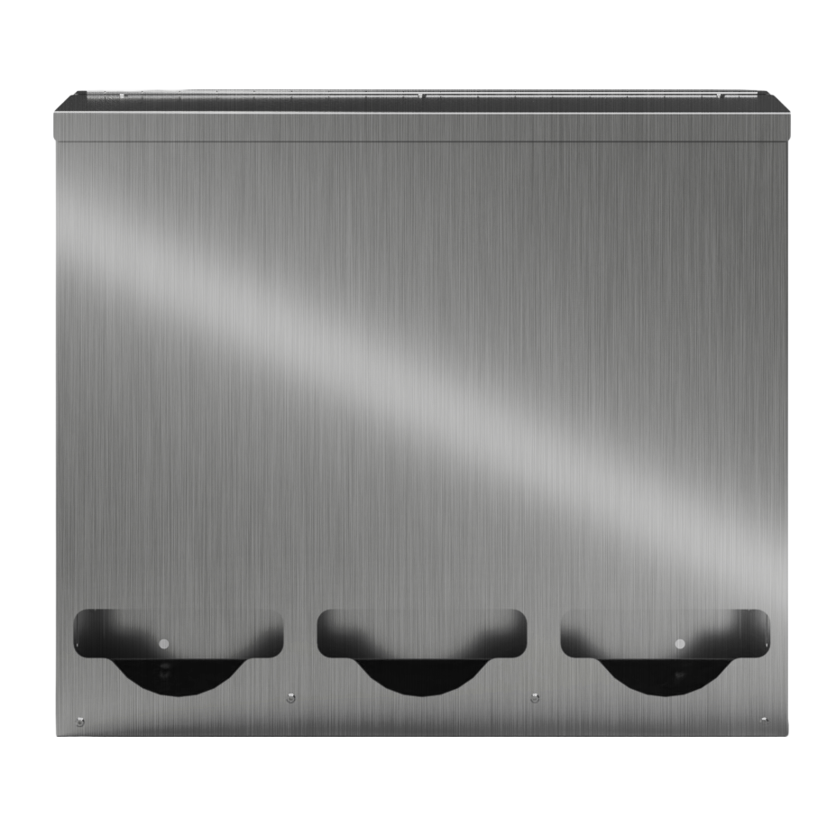 Bulk Dispenser, Tall Triple, Stainless Steel, wall mount. 3 compartments, top loading, top or bottom front dispensing. Front facing, empty