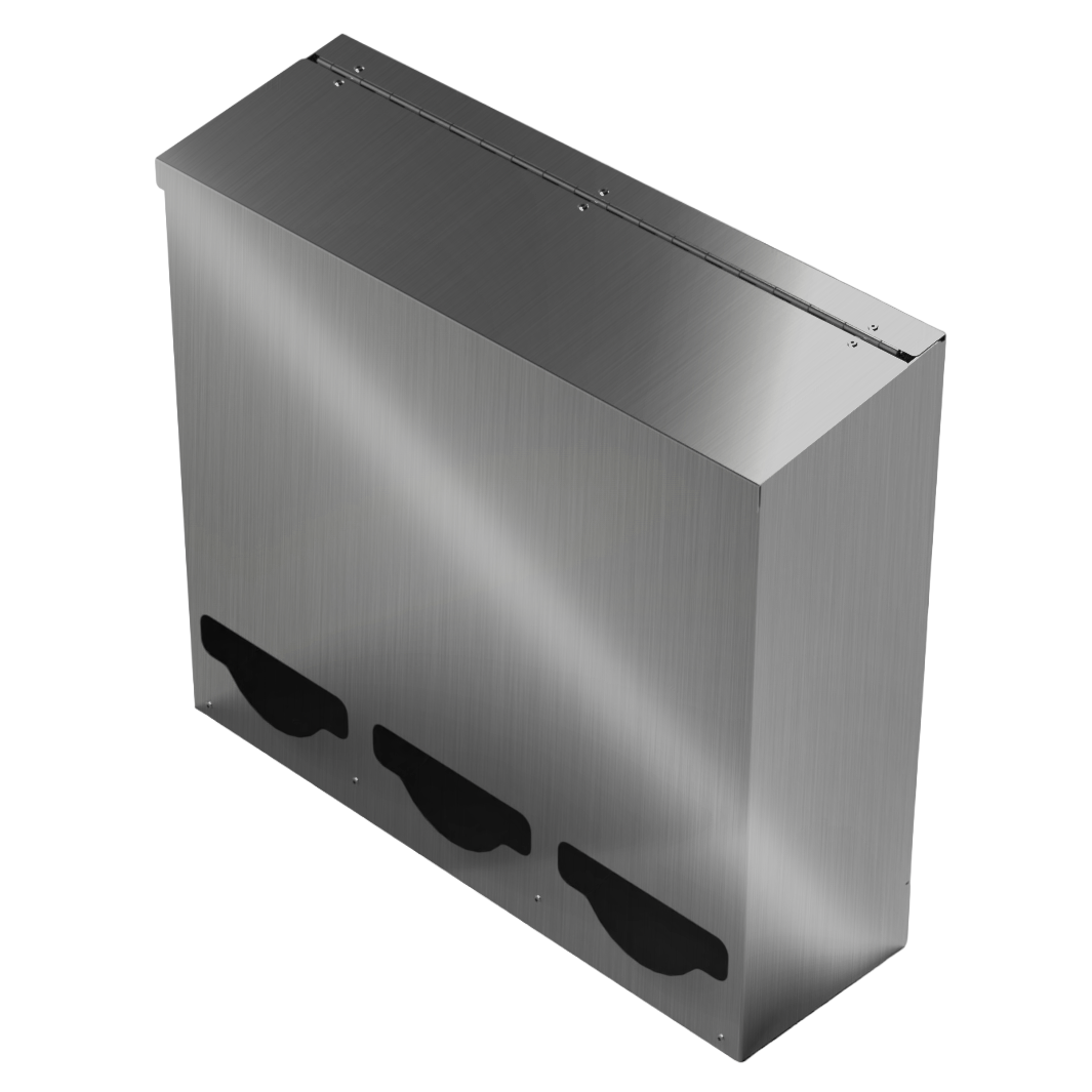 Bulk Dispenser, Tall Triple, Stainless Steel, wall mount. 3 compartments, top loading, top or bottom front dispensing. Empty, front facing slightly angled left