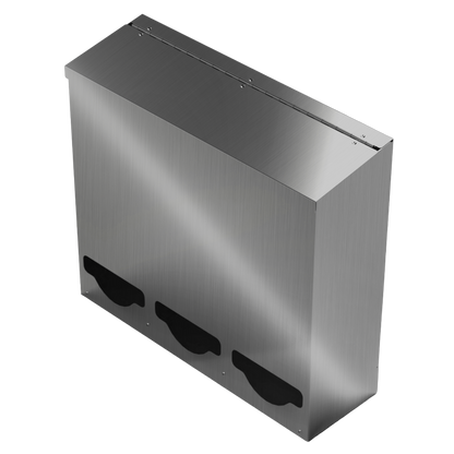 Bulk Dispenser, Tall Triple, Stainless Steel, wall mount. 3 compartments, top loading, top or bottom front dispensing. Empty, front facing slightly angled left