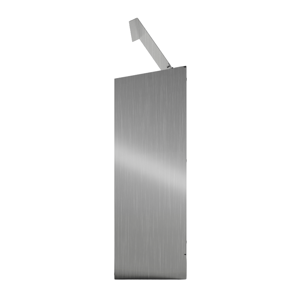 Bulk Dispenser, Tall Triple, Stainless Steel, wall mount. 3 compartments, top loading, top or bottom front dispensing. Empty right side with lid open