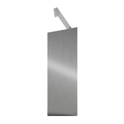 Bulk Dispenser, Tall Triple, Stainless Steel, wall mount. 3 compartments, top loading, top or bottom front dispensing. Empty right side with lid open
