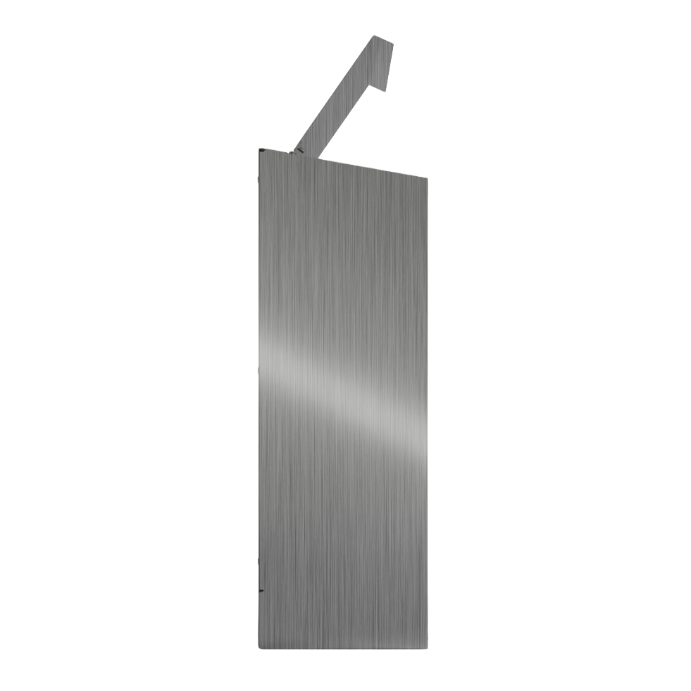 Bulk Dispenser, Tall Triple, Stainless Steel, wall mount. 3 compartments, top loading, top or bottom front dispensing. Empty left side with lid open