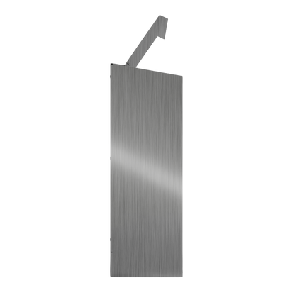 Bulk Dispenser, Tall Triple, Stainless Steel, wall mount. 3 compartments, top loading, top or bottom front dispensing. Empty left side with lid open