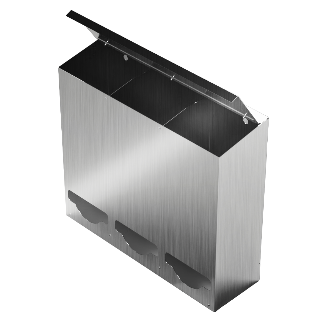 Bulk Dispenser, Tall Triple, Stainless Steel, wall mount. 3 compartments, top loading, top or bottom front dispensing. Empty, front facing slightly angled left with lid open to view dividers inside