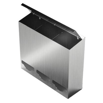 Bulk Dispenser, Tall Triple, Stainless Steel, wall mount. 3 compartments, top loading, top or bottom front dispensing. Empty, front facing slightly angled left with lid open to view dividers inside