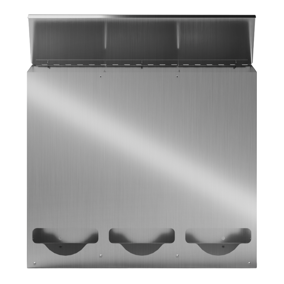 Bulk Dispenser, Tall Triple, Stainless Steel, wall mount. 3 compartments, top loading, top or bottom front dispensing. Empty front facing with lid open