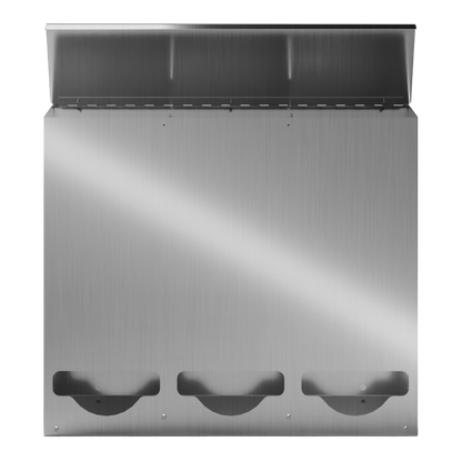 Bulk Dispenser, Tall Triple, Stainless Steel, wall mount. 3 compartments, top loading, top or bottom front dispensing. Empty front facing with lid open