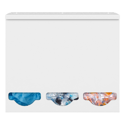 Triple, Lidded, Bulk PPE dispenser-White filled with various consumable products inside 