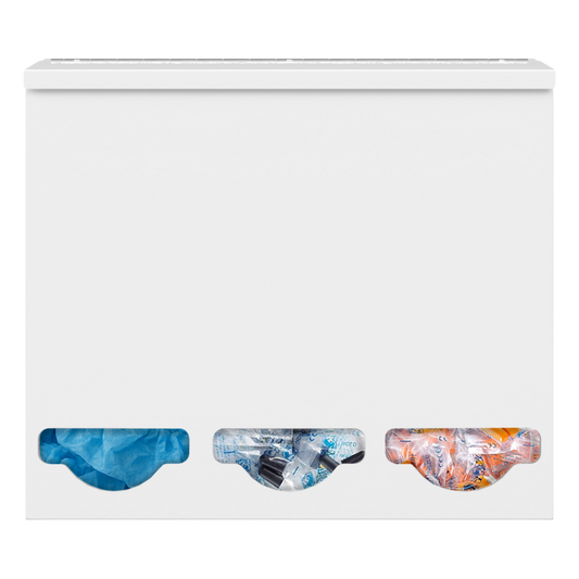 Triple, Lidded, Bulk PPE dispenser-White filled with various consumable products inside 