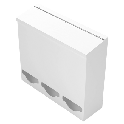 Triple, Lidded, Bulk PPE dispenser-White, front facing angled slightly left, empty