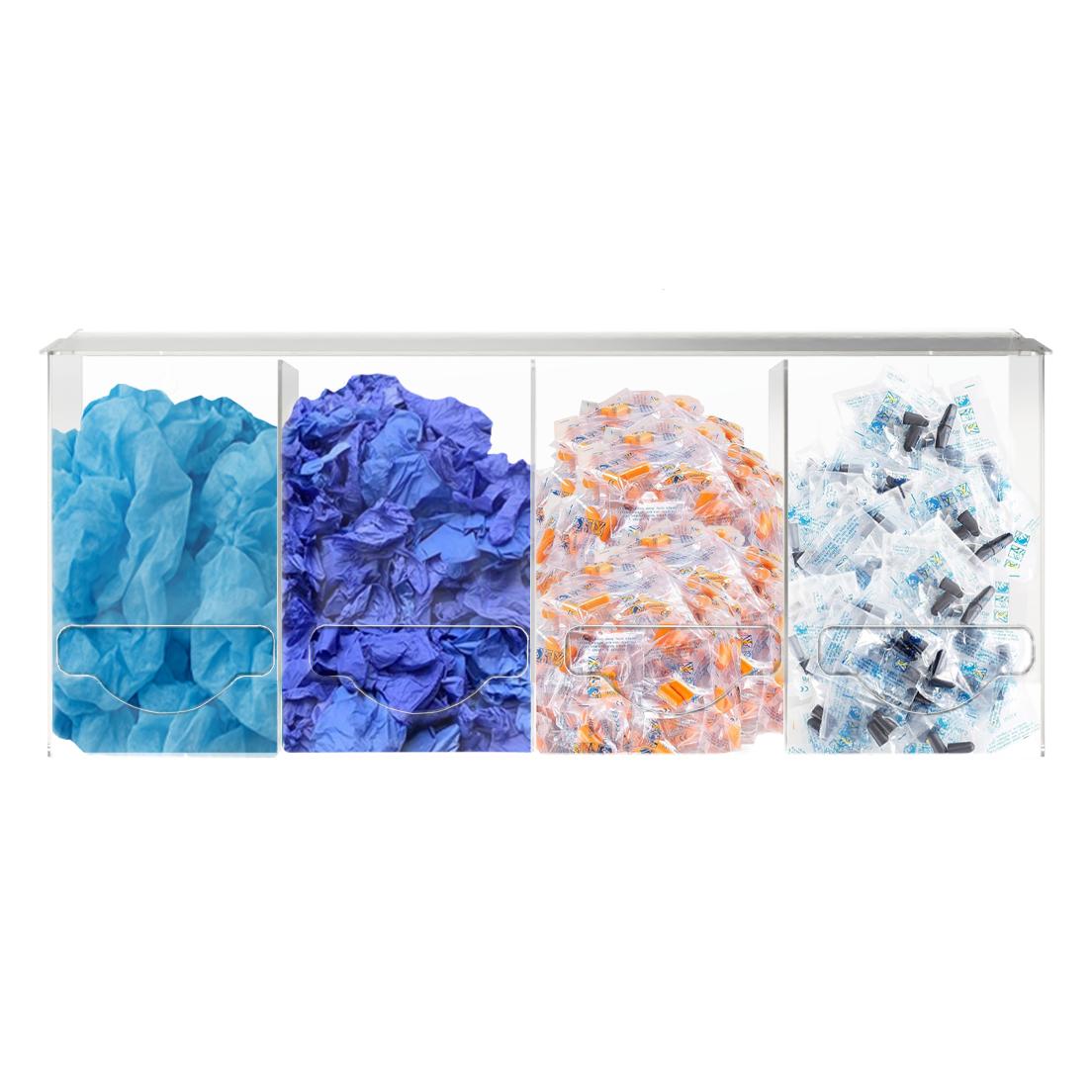 clear, PETG plastic, 4 compartment, bulk storage units with a lid on top for loading and front bottom holes for dispensing. Compartments are filled with blue bouffant caps, blue gloves, orange earplugs and black earplugs.