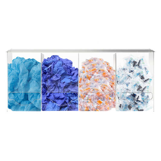 clear, PETG plastic, 4 compartment, bulk storage units with a lid on top for loading and front bottom holes for dispensing. Compartments are filled with blue bouffant caps, blue gloves, orange earplugs and black earplugs.