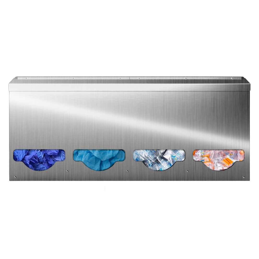 Bulk Dispenser, Quad, Stainless Steel, wall mount. divided with lid, top loading, top or bottom front dispensing. Filled with blue exam gloves, bouffants, black earplug packets, and orange earplug packets. Front facing