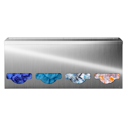 Bulk Dispenser, Quad, Stainless Steel, wall mount. divided with lid, top loading, top or bottom front dispensing. Filled with blue exam gloves, bouffants, black earplug packets, and orange earplug packets. Front facing