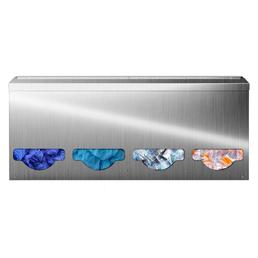 Bulk Dispenser, Quad, Stainless Steel, wall mount. divided with lid, top loading, top or bottom front dispensing. Filled with blue exam gloves, bouffants, black earplug packets, and orange earplug packets. Front facing