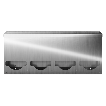 Bulk Dispenser, Quad, Stainless Steel, wall mount. divided with lid, top loading, top or bottom front dispensing. Front facing, empty