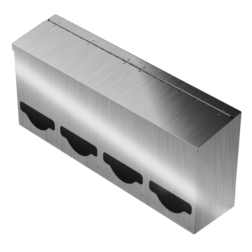 Bulk Dispenser, Quad, Stainless Steel, wall mount. divided with lid, top loading, top or bottom front dispensing. Front facing slightly angled left, empty