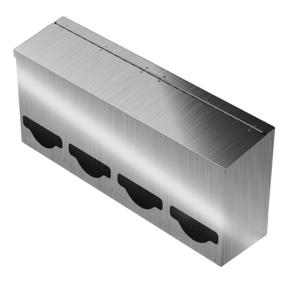 Bulk Dispenser, Quad, Stainless Steel, wall mount. divided with lid, top loading, top or bottom front dispensing. Front facing slightly angled left, empty