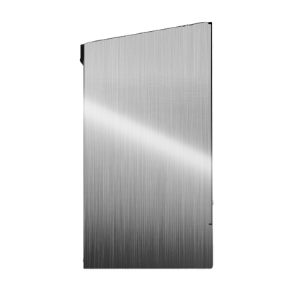 Bulk Dispenser, Quad, Stainless Steel, wall mount. divided with lid, top loading, top or bottom front dispensing. Empty, right side