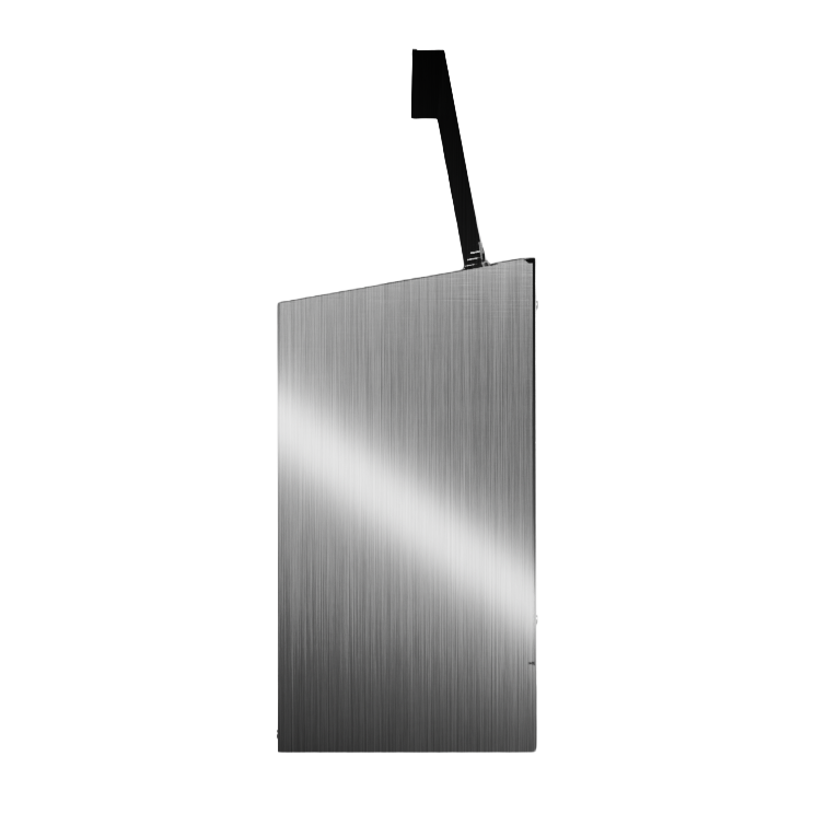 Bulk Dispenser, Quad, Stainless Steel, wall mount. divided with lid, top loading, top or bottom front dispensing. Empty, right side with lid open